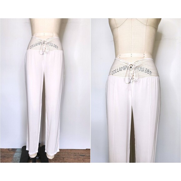 Vintage LA PERLA Silk Pants Lounge Pajama White Silk Sheer Pants Italy XS